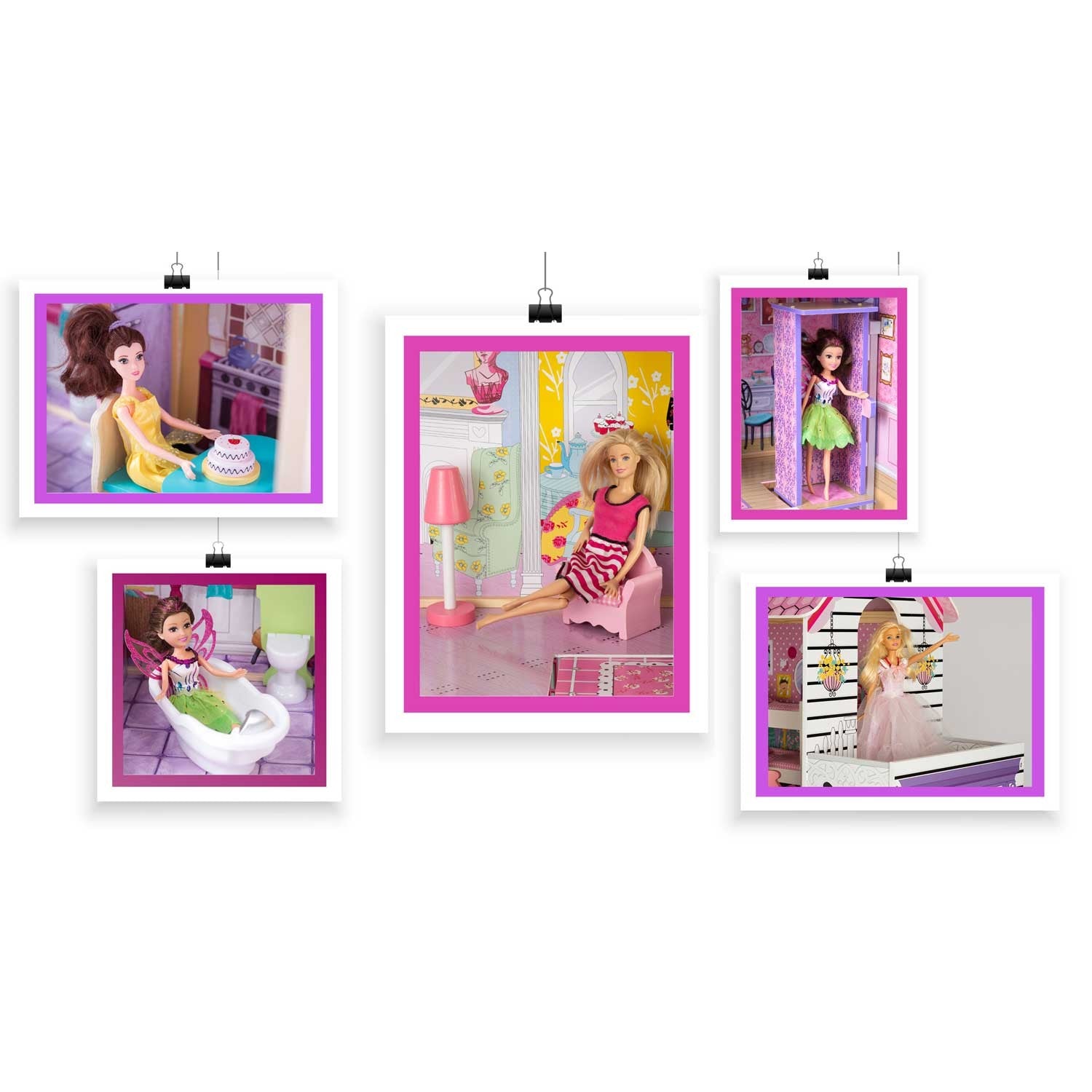 Didelis trijų aukštų medinis lėlių namas su liftu ir LED lempa