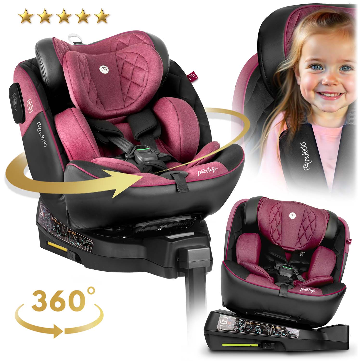 Nukido Prestige Line juodai rožinės spalvos 0-36 kg ISOFIX automobilio sėdynė