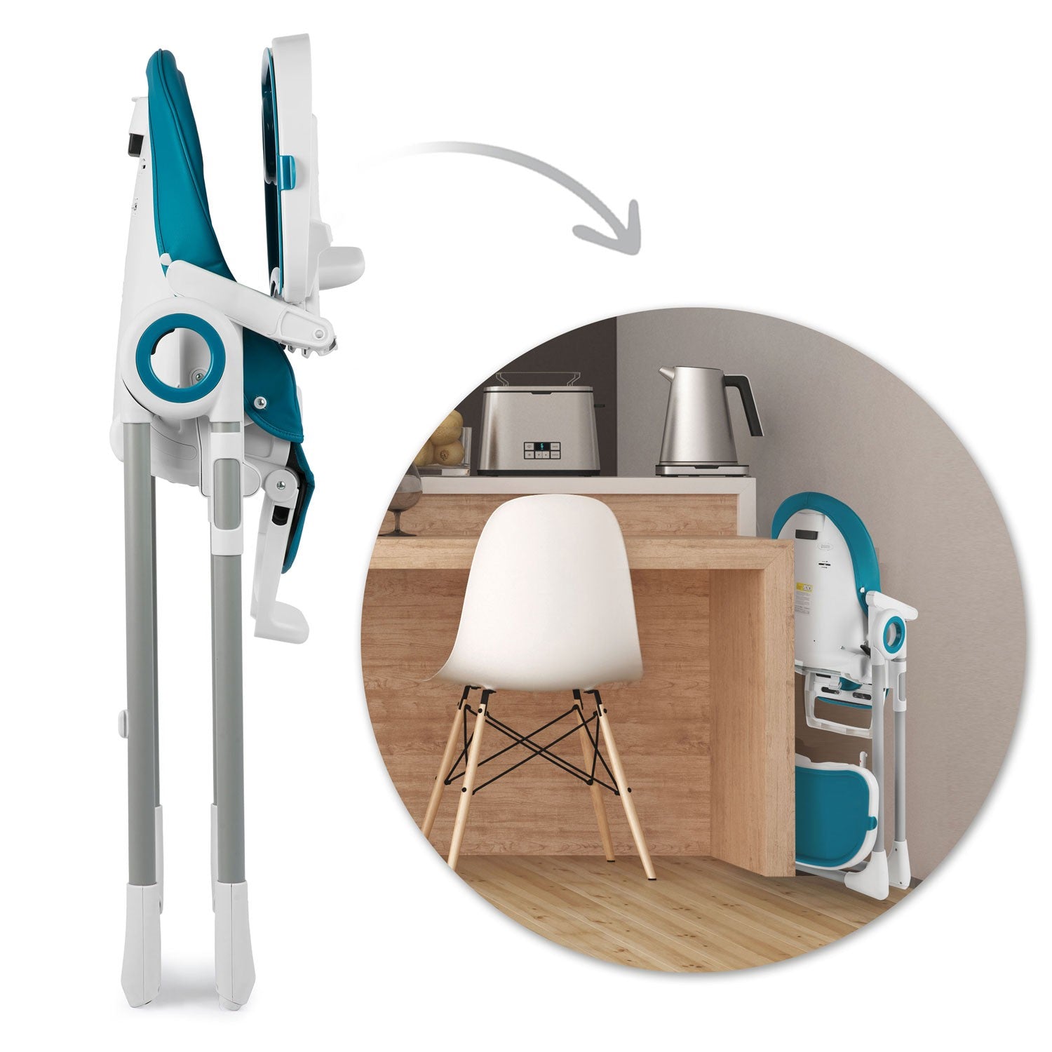 Maitinamoji kėdė su staleliu, dešinio mėlynos spalvos "Belo" kriauklė + žaidimų lazdelė