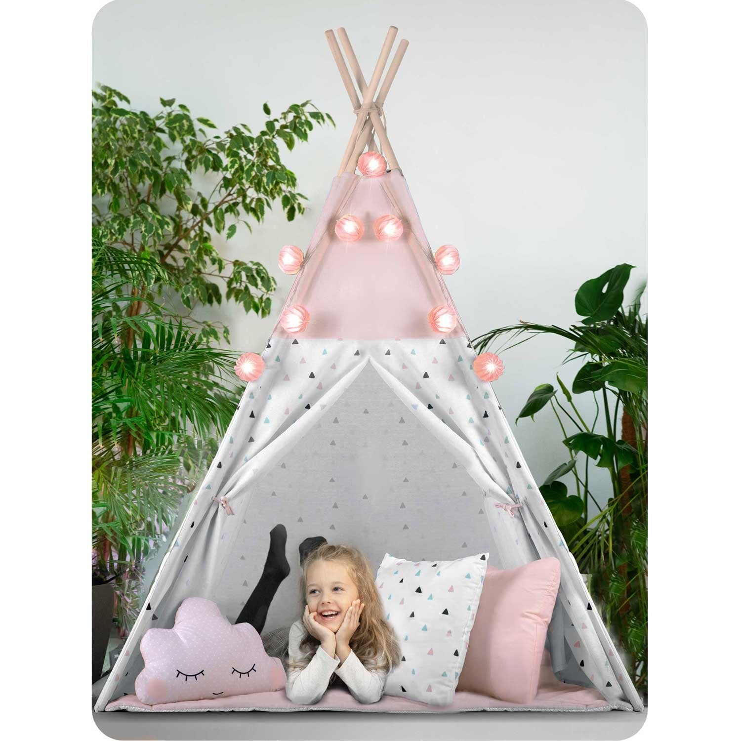 Vaikų tipi palapinė su girliande ir Nukido šviesomis - rožinė