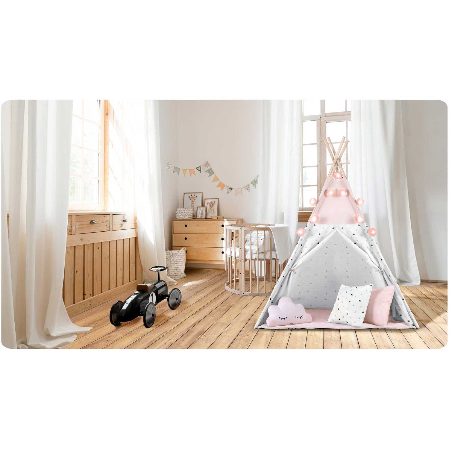 Vaikų tipi palapinė su girliande ir Nukido šviesomis - rožinė