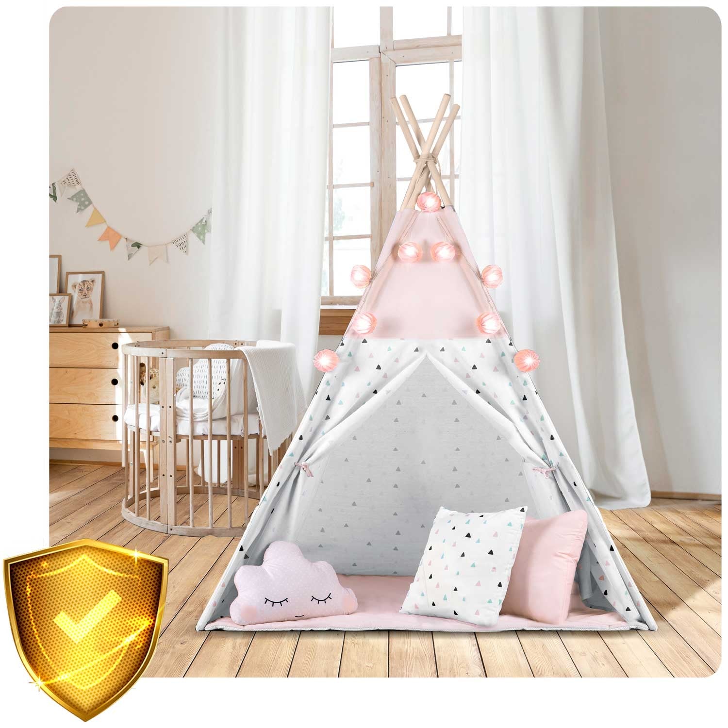 Vaikų tipi palapinė su girliande ir Nukido šviesomis - rožinė