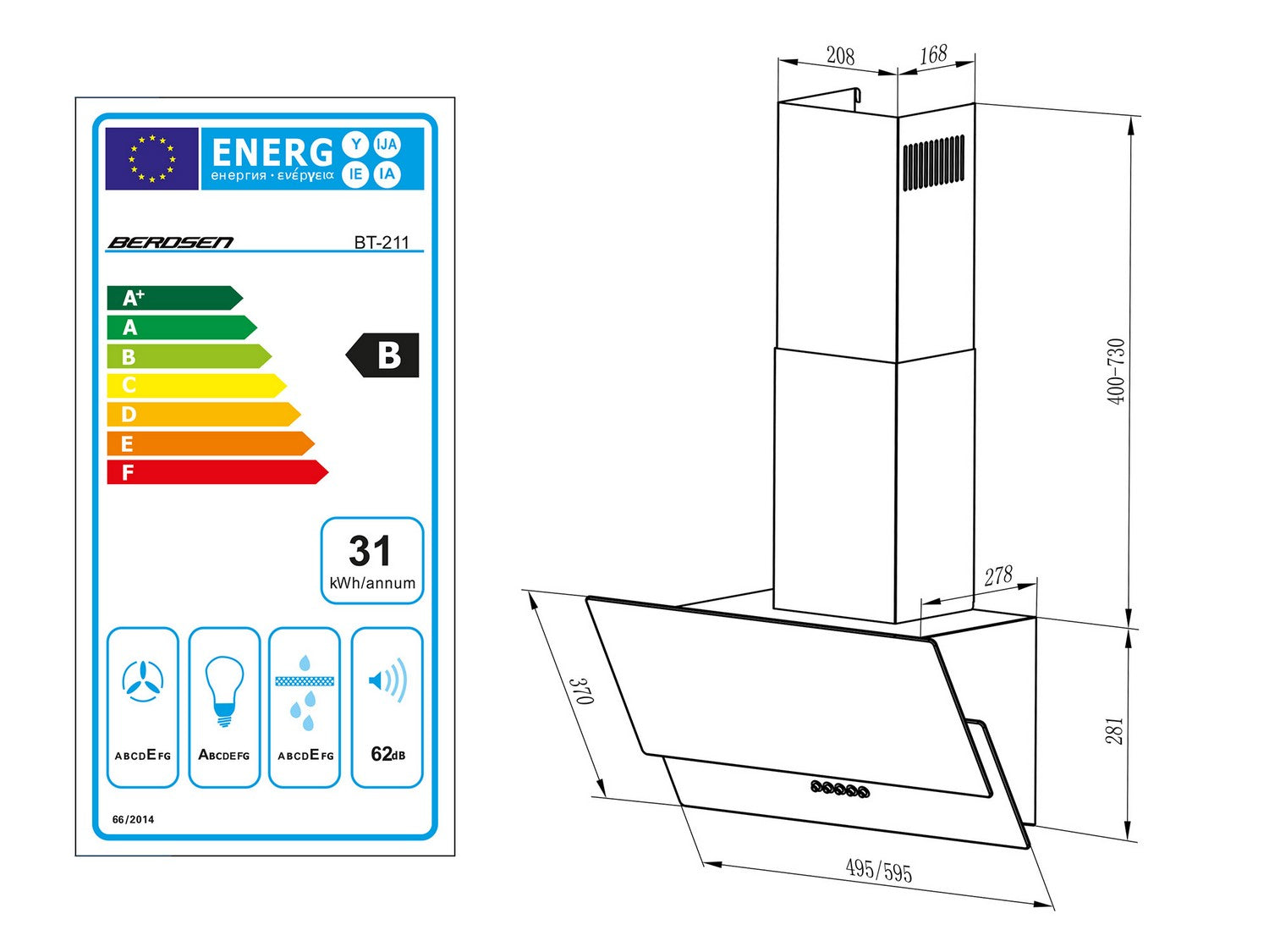 Virtuvės kamino dangtelis 60 cm Berdsen BT-211 juodas