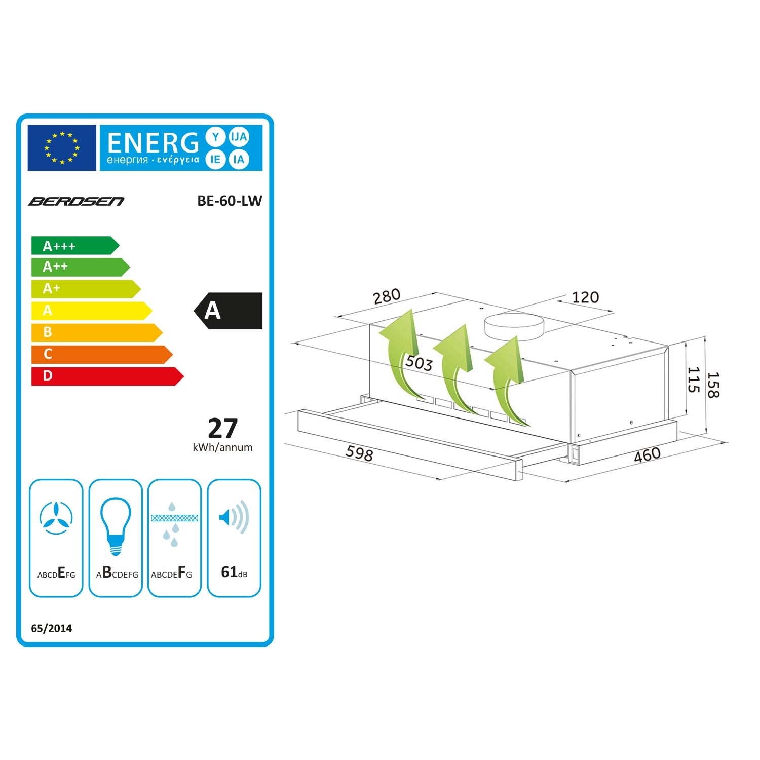 Berdsen BE-60-LW 60 cm INOX teleskopinis viryklės dangtelis