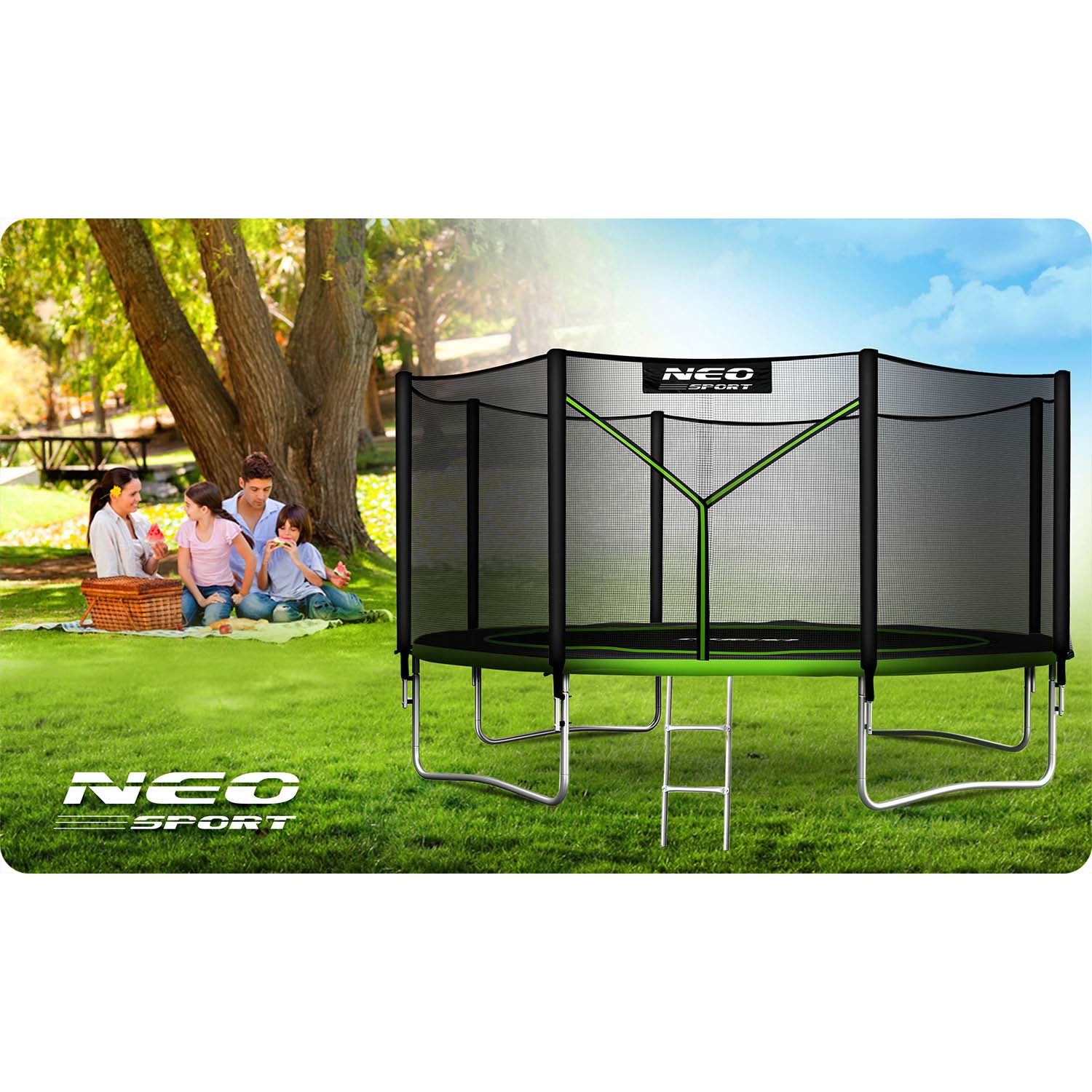 13ft/404cm sodinis batutas su išorine tinklele ir Neo-Sport laiptais