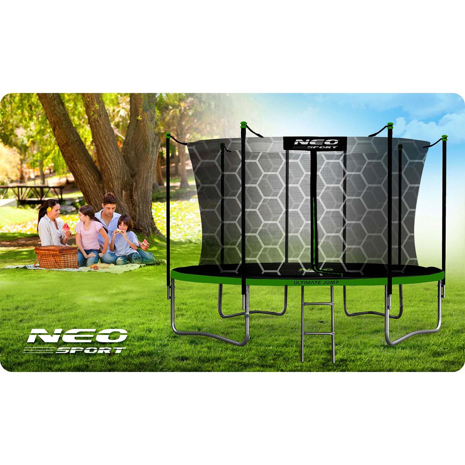 13ft/404cm sodinis batutas su vidine tinklele ir laiptais