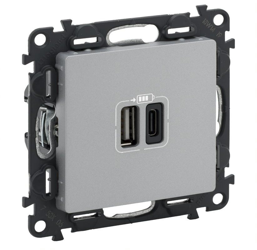 USB dvigubas C + A tipo kištukinis lizdas Valena Life Legrand 753306 (aluminio spalva)