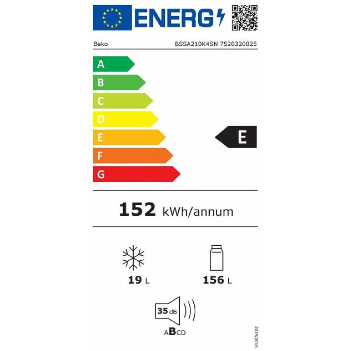 Kombinuotas šaldytuvas BEKO BSSA210K4SN Balta