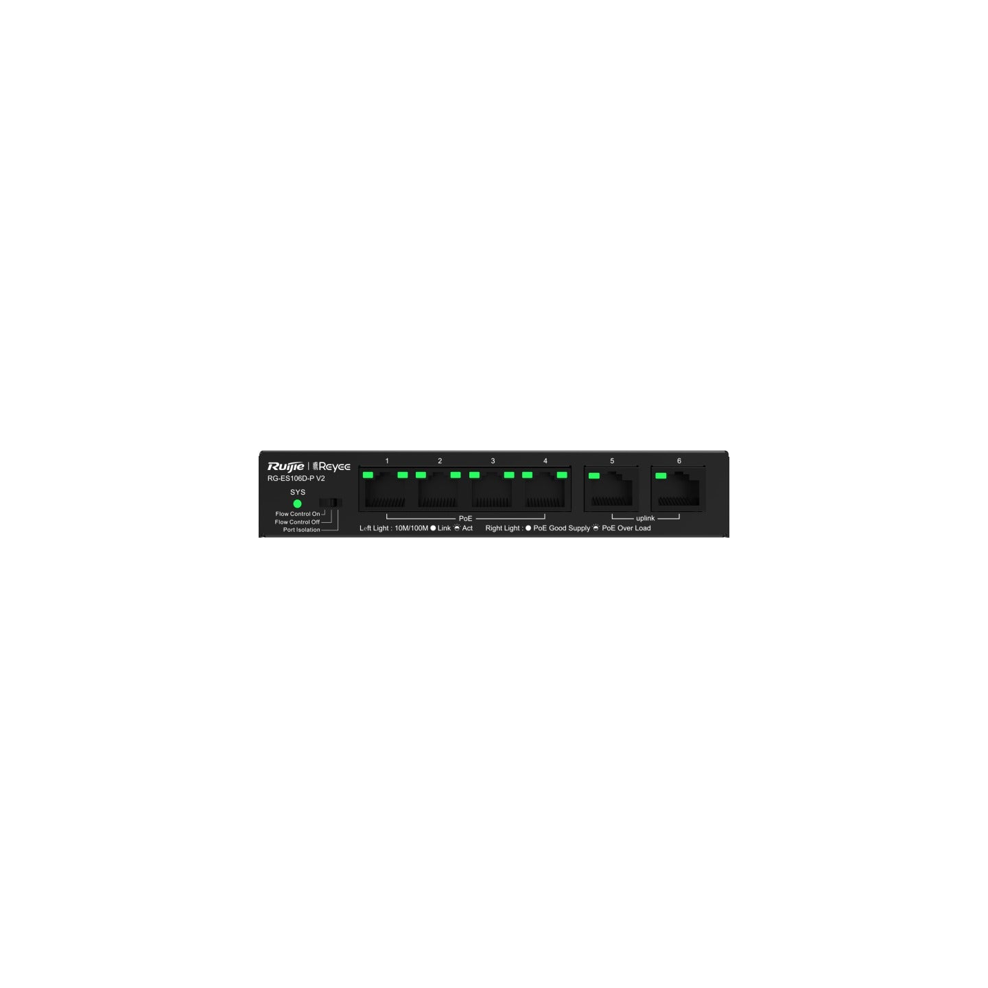 6 prievadų komutatorius Ruijie Reyee RG-ES106D-P V2 (Nevaldomas, 4 x PoE+)