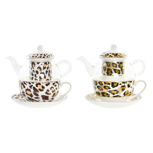 Arbatinukas DKD Home Decor Leopardas Stiklas Porcelianas Ruda Skaidrus Balta (2 vnt.)