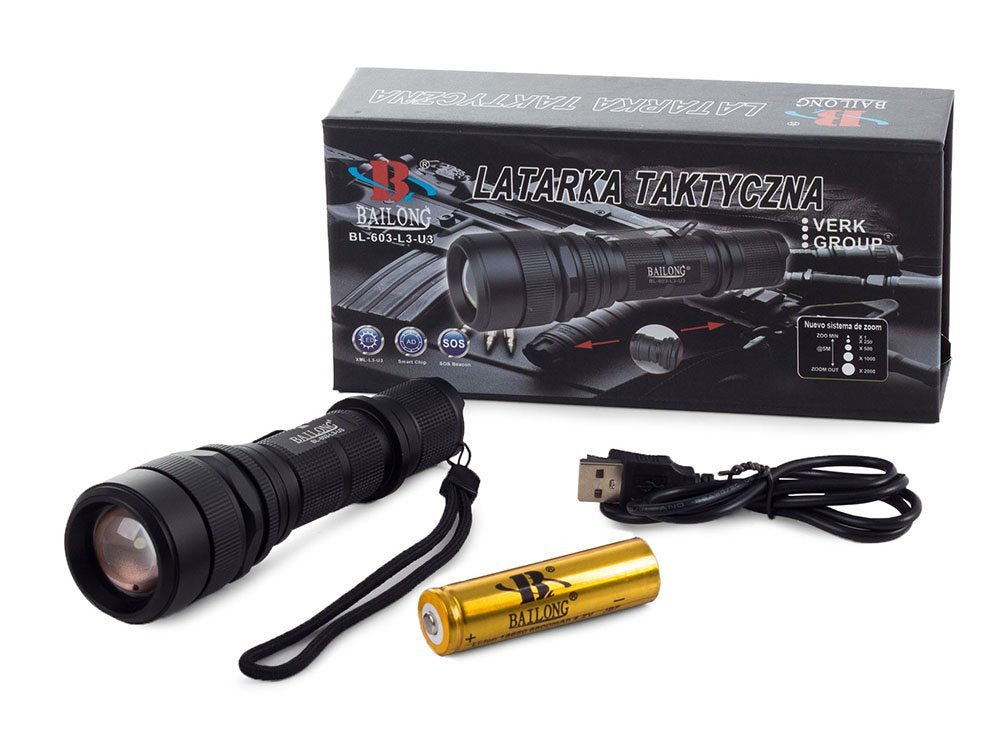 Bailong taktinis led įkraunamas usb žibintuvėlis l3-u3