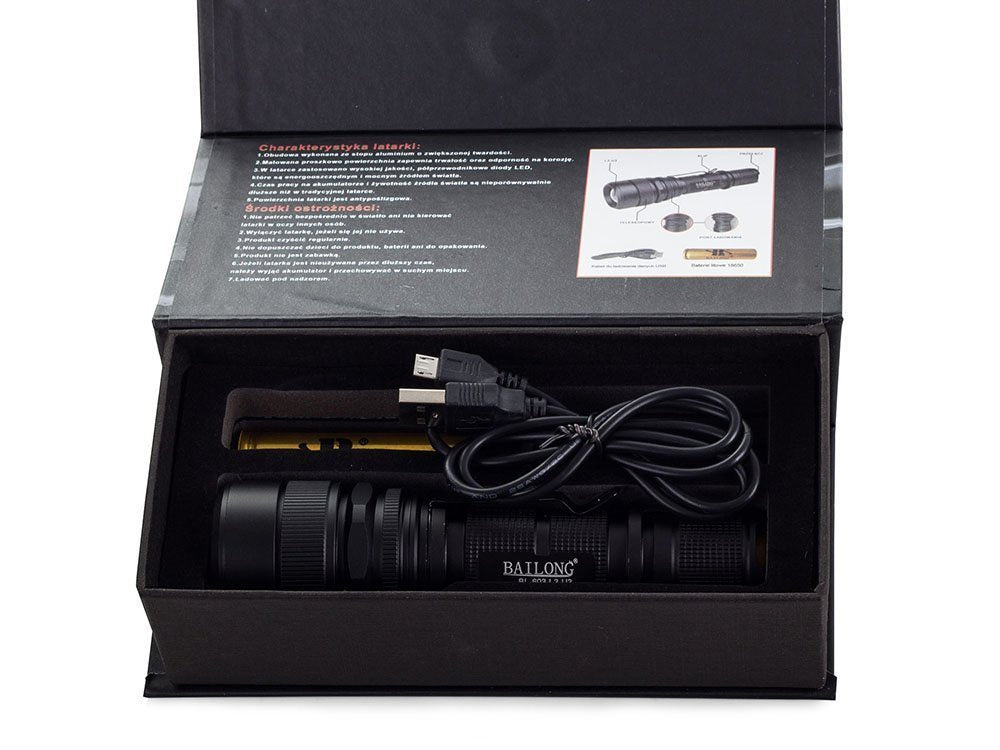 Bailong taktinis led įkraunamas usb žibintuvėlis l3-u3