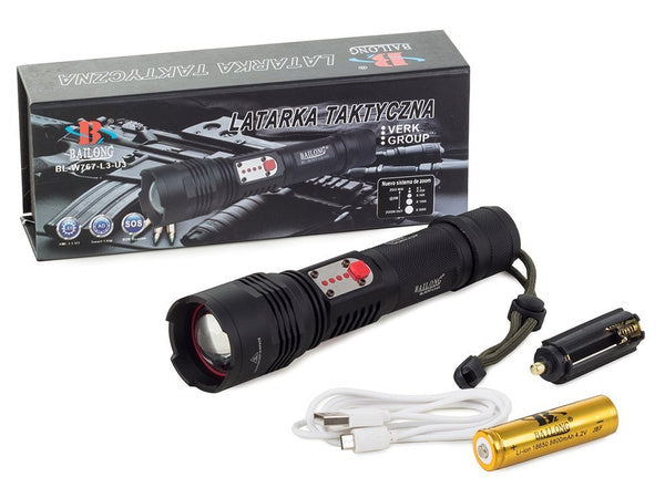 Taktinis žibintuvėlis bailong cree led usb xml-l t6