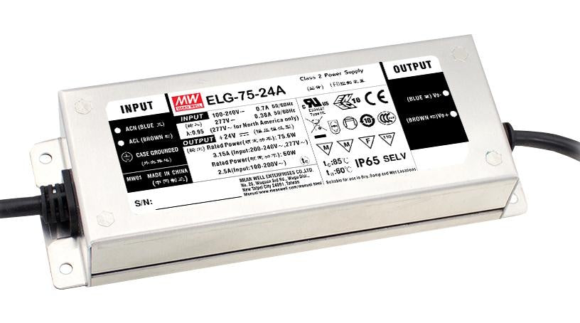 Impulsinis maitinimo šaltinis LED 24V 75W 3.15A, PFC, IP65, dimeriuojamas, MEAN WELL, ELG-75-24A-3Y