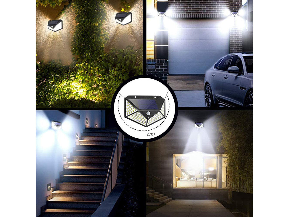 100 led saulės lempa su judesio jutikliu sutemose