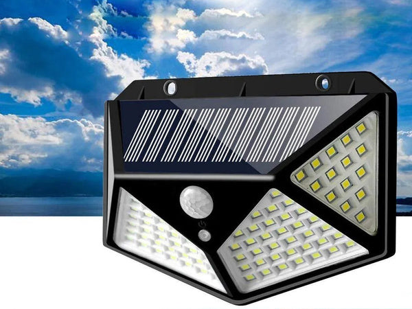 100 led saulės lempa su judesio jutikliu sutemose
