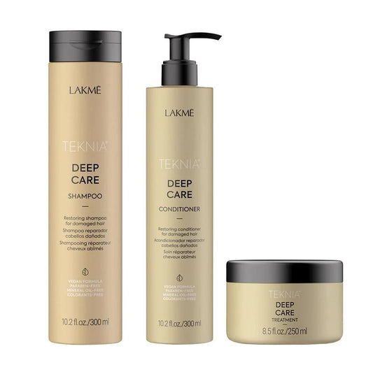 Lakme Tkn Retail Pack Deep Care: šampūnas 300 ml + kondicionierius 300 ml + atstatomoji priemonė 250 ml