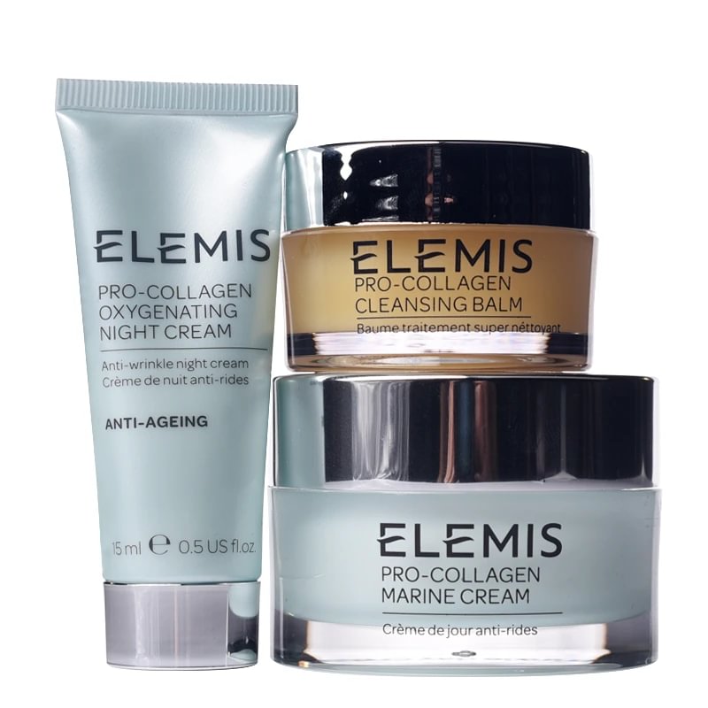 Elemis VIP rinkinys: Elemis Pro-Collagen Oxygenating naktinis kremas 15 ml + Elemis Pro-Collagen Marine kremas 30 ml + Elemis Pro-Collagen valomasis balzamas 20 g