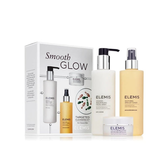 Elemis Smooth Glow valymo rinkinys: Elemis Dynamic Resurfacing veido prausiklis 200 ml + Elemis Soothing Abrikosų tonikas 200 ml + Elemis Cellular Recovery Skin Bliss kapsulės 14 vnt.