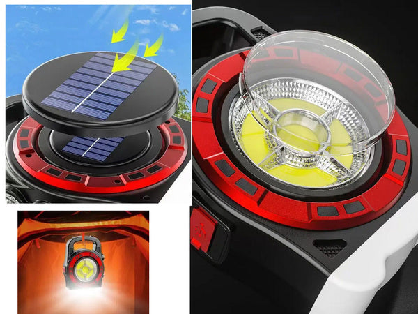 Saulės žibintuvėlis nešiojamas įkraunamas led šviesos powerbank reflektorius
