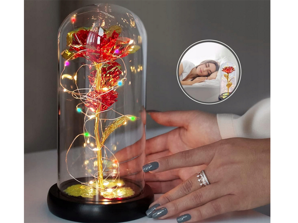 Amžina rožė stiklinėje dovanoje lėmė rgb šviečiantis raudonas stiklas proga