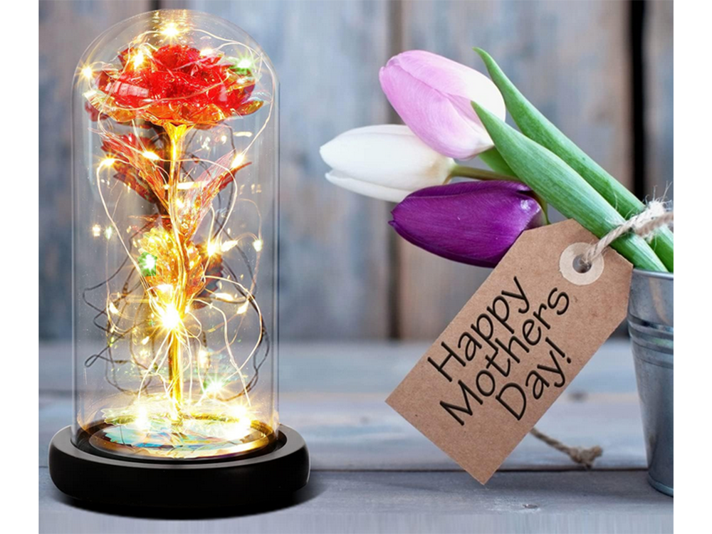 Amžina rožė stiklinėje dovanoje lėmė rgb šviečiantis raudonas stiklas proga