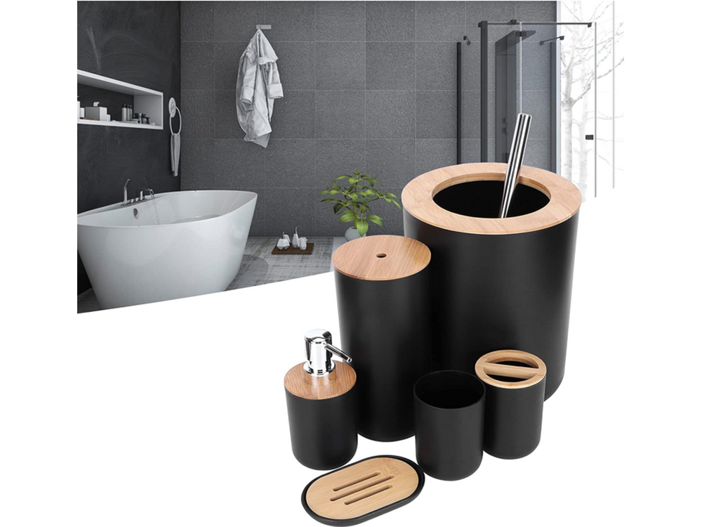 Vonios kambario rinkinys "6-in-1" vonios kambario tualeto rankenėlė su šiukšliadėže black set