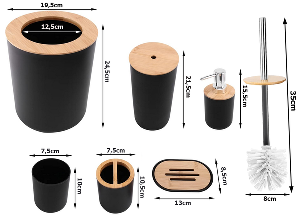 Vonios kambario rinkinys "6-in-1" vonios kambario tualeto rankenėlė su šiukšliadėže black set