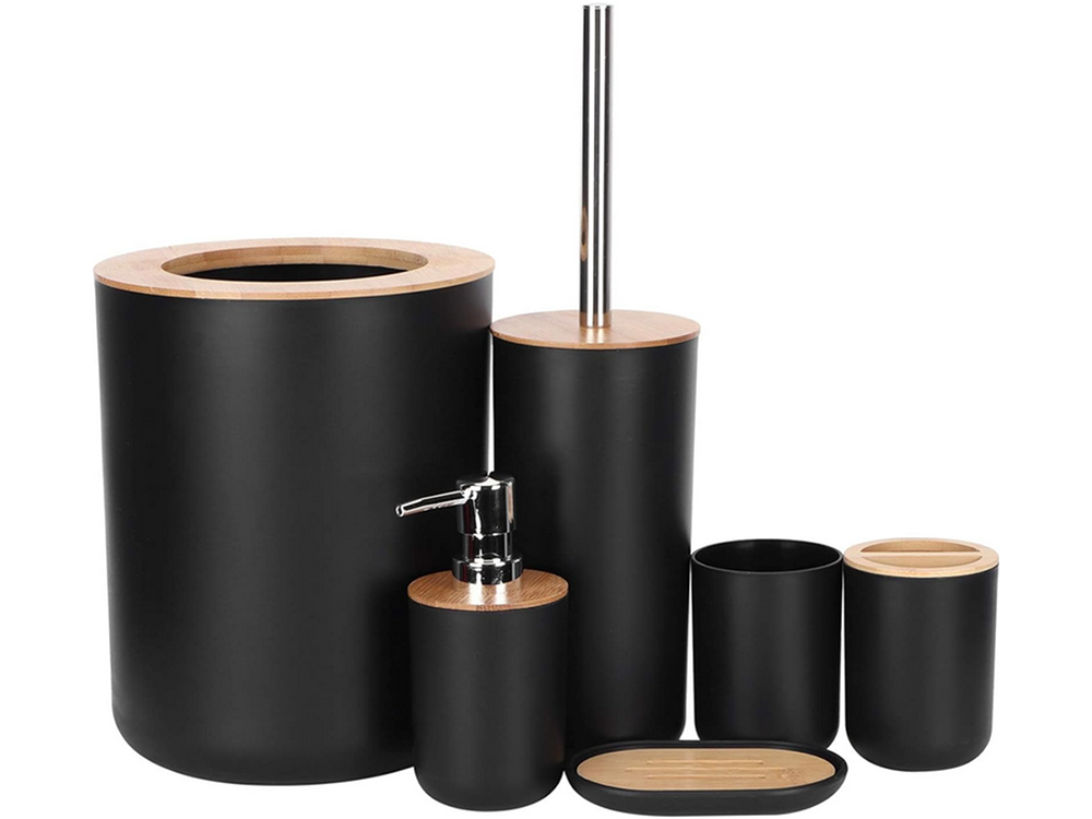Vonios kambario rinkinys "6-in-1" vonios kambario tualeto rankenėlė su šiukšliadėže black set