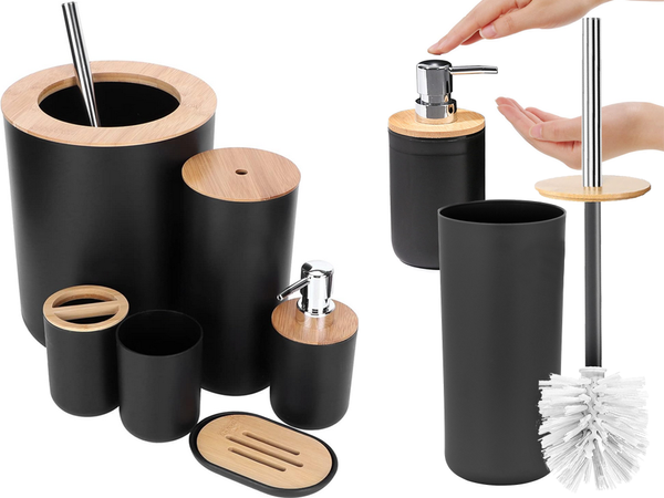 Vonios kambario rinkinys "6-in-1" vonios kambario tualeto rankenėlė su šiukšliadėže black set