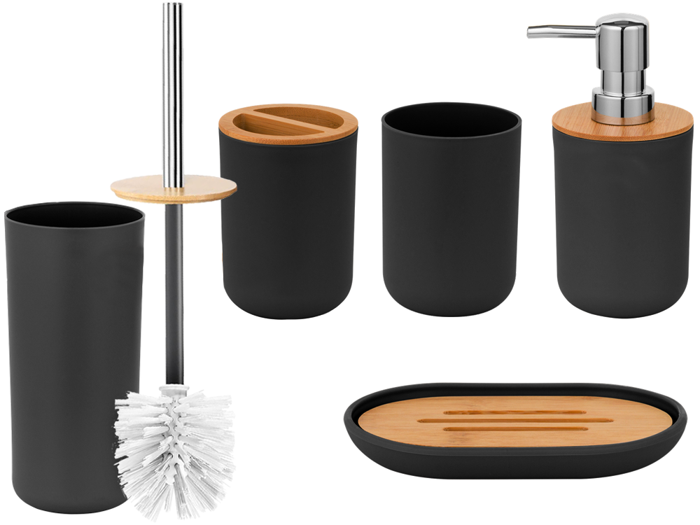 Vonios kambario rinkinys "6-in-1" vonios kambario tualeto rankenėlė su šiukšliadėže black set