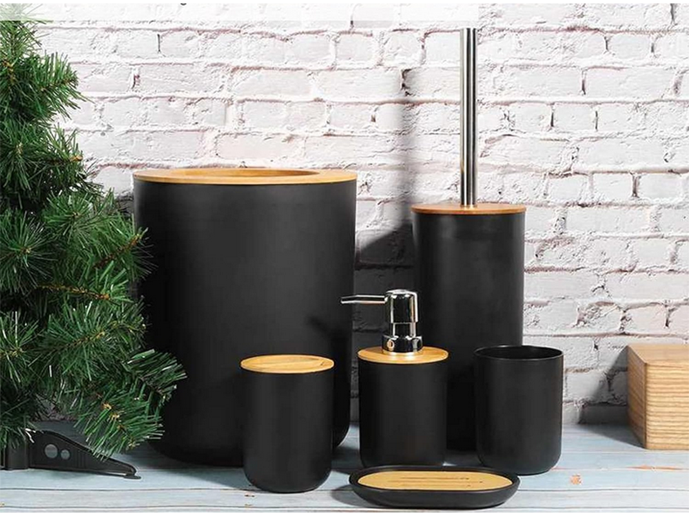 Vonios kambario rinkinys "6-in-1" vonios kambario tualeto rankenėlė su šiukšliadėže black set