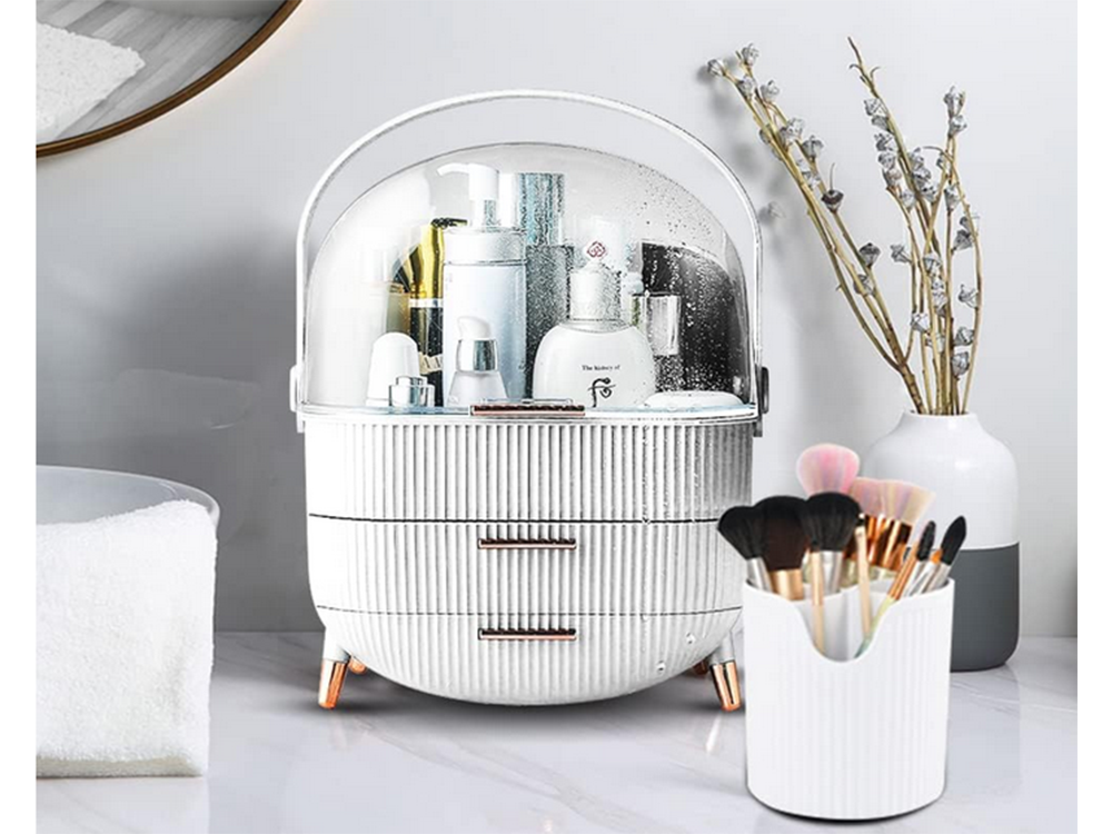 Kosmetikos organizatorius su stalčiais erdvus, su didele rankena elegantiškas