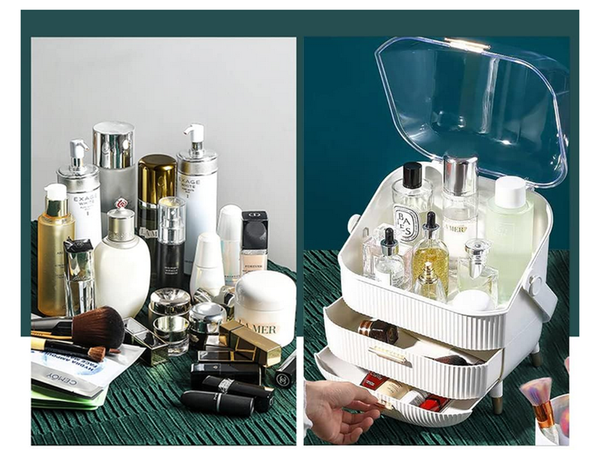 Kosmetikos organizatorius su stalčiais erdvus, su didele rankena elegantiškas