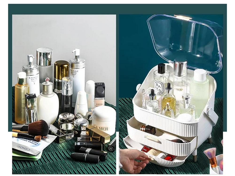 Kosmetikos organizatorius su stalčiais erdvus, su didele rankena elegantiškas