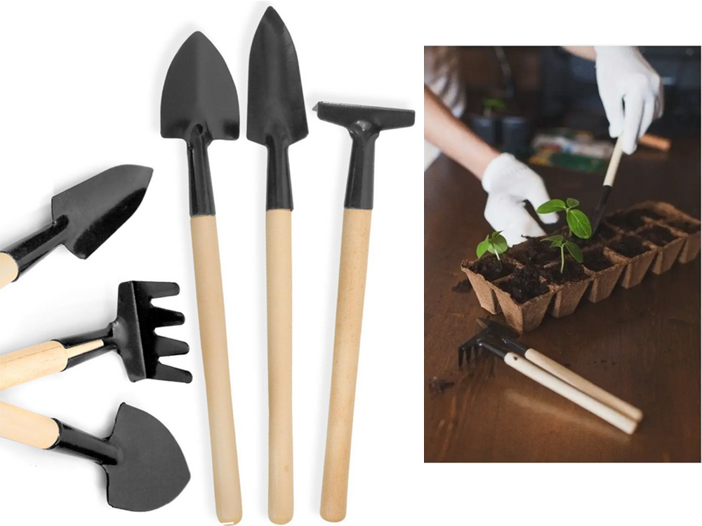 Sodininkystės įrankių rinkinys grėblys kastuvas 3in1 mini sodininkystės įrankiai