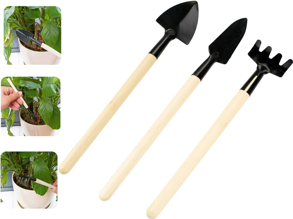 Sodininkystės įrankių rinkinys grėblys kastuvas 3in1 mini sodininkystės įrankiai