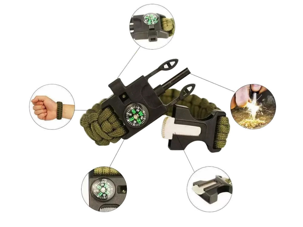 Apyrankė išgyvenimo apyrankė 5in1 kompasas flint virvė peilis paracord virvė