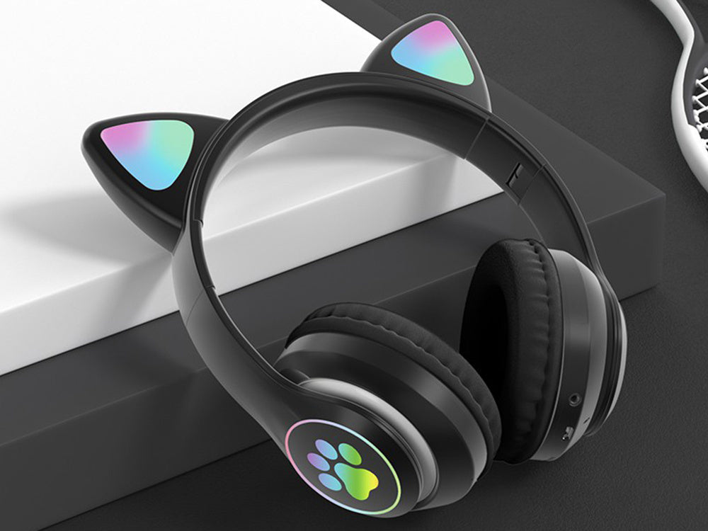 Belaidės ausinės "bluetooth" radijo fm mp3 katės ausys led apšvietimas, Juoda, Szín, Fekete