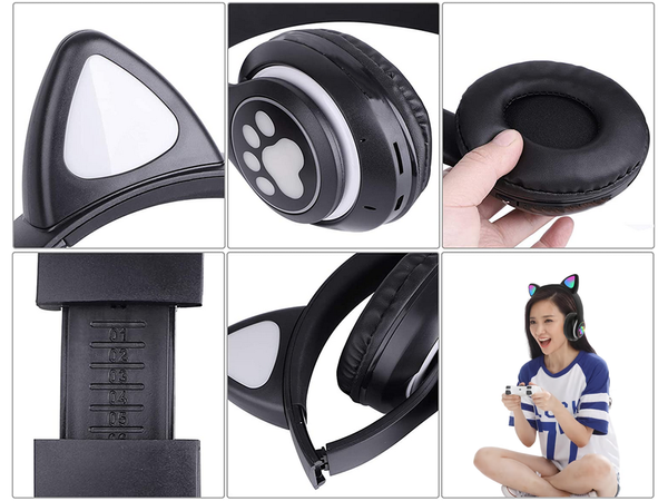 Belaidės ausinės "bluetooth" radijo fm mp3 katės ausys led apšvietimas, Juoda, Szín, Fekete