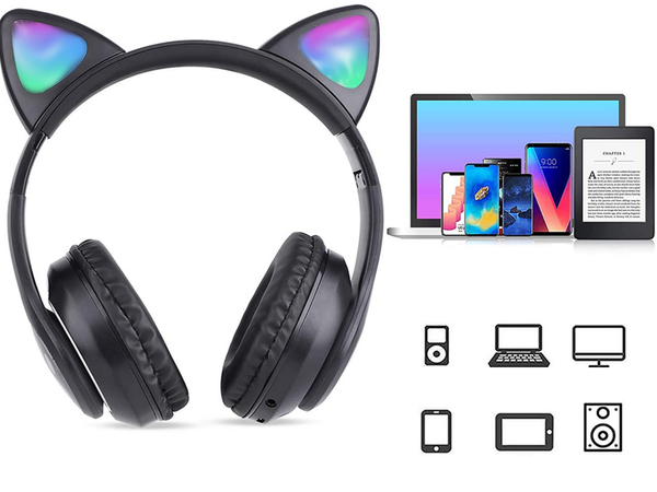 Belaidės ausinės "bluetooth" radijo fm mp3 katės ausys led apšvietimas, Juoda, Szín, Fekete