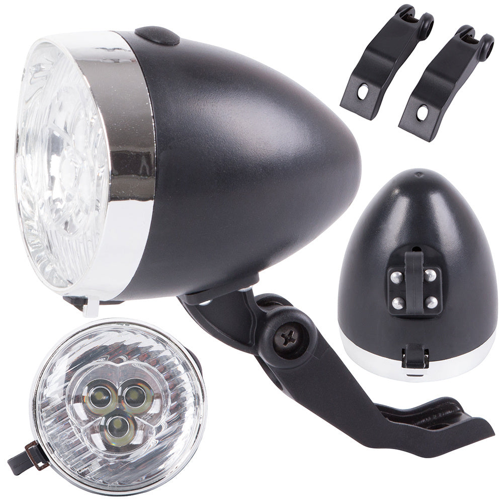 Priekinis dviračio žibintas 3 led baterijos retro chromas
