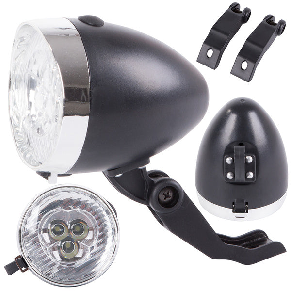 Priekinis dviračio žibintas 3 led baterijos retro chromas
