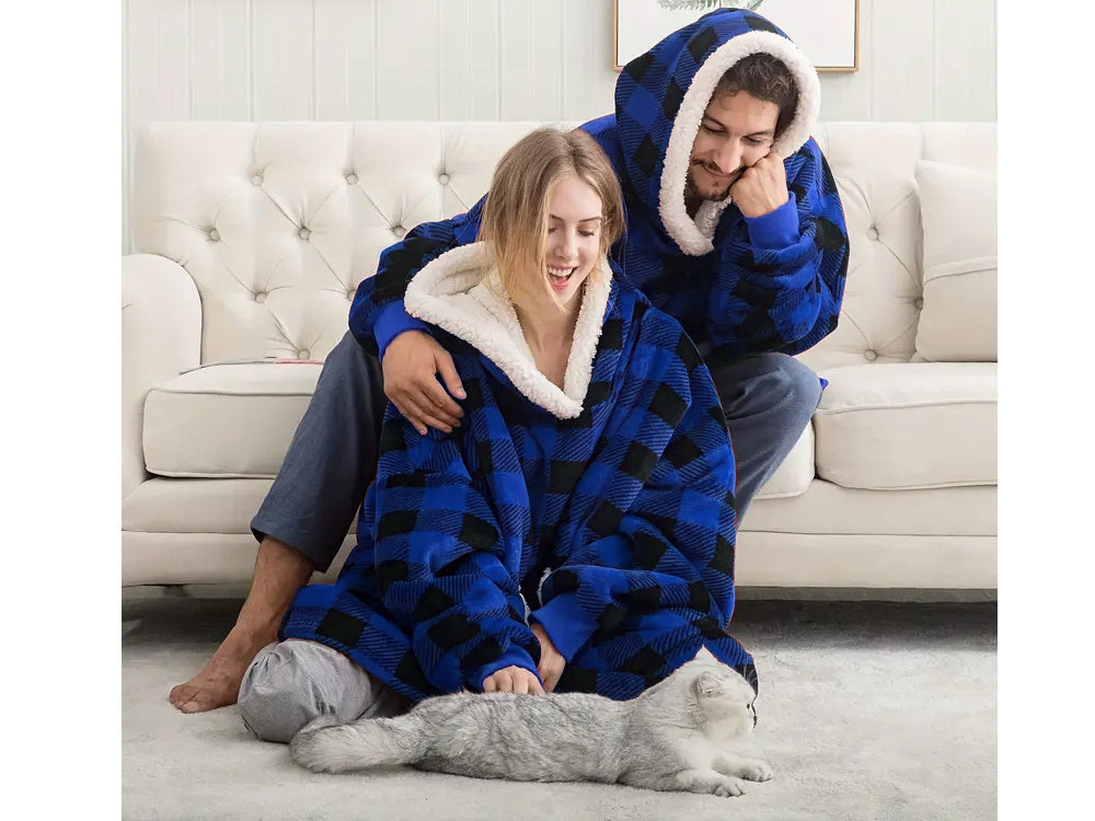 Megztinis šiltas oversize antklodė xxl 2in1 storas kailis minkštas gobtuvas su gobtuvu chalatas, Mėlyna, Szín, Kék