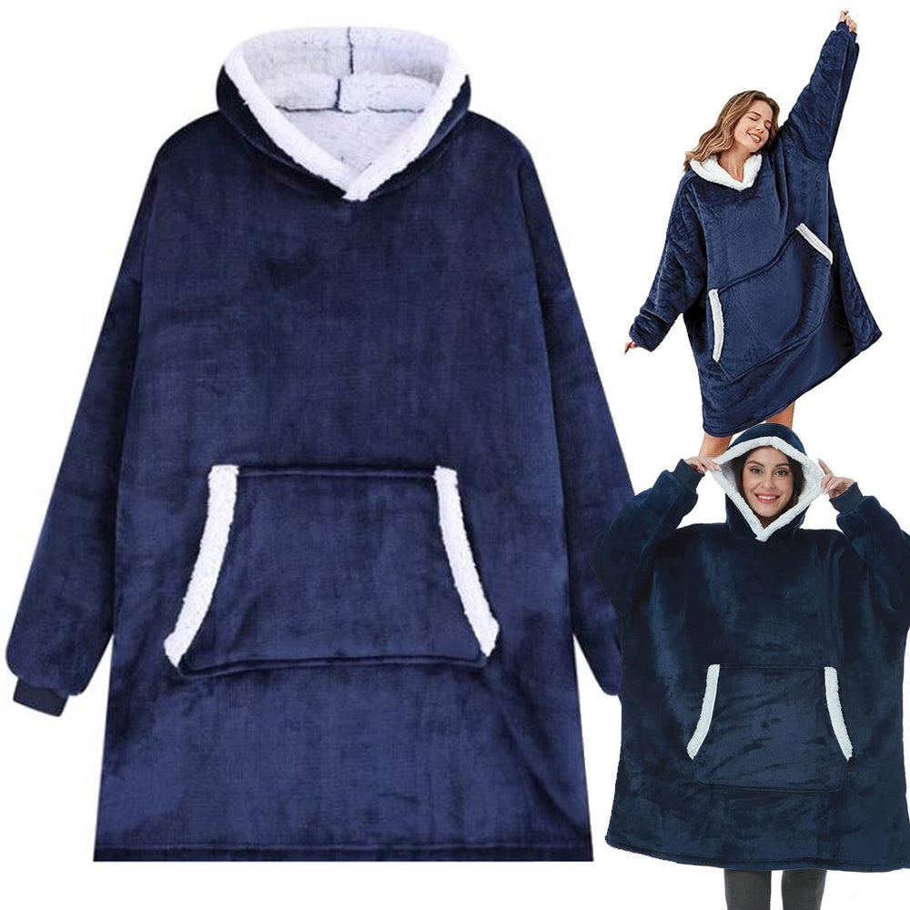 Šiltas megztinis oversize antklodė xxl 2in1 storas kailis minkštas gobtuvas su gobtuvu chalatas, Navy, Szín, Haditengerészet