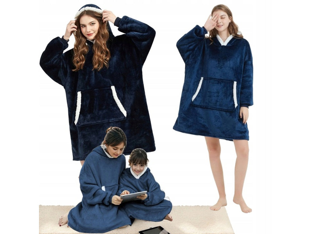 Šiltas megztinis oversize antklodė xxl 2in1 storas kailis minkštas gobtuvas su gobtuvu chalatas, Navy, Szín, Haditengerészet