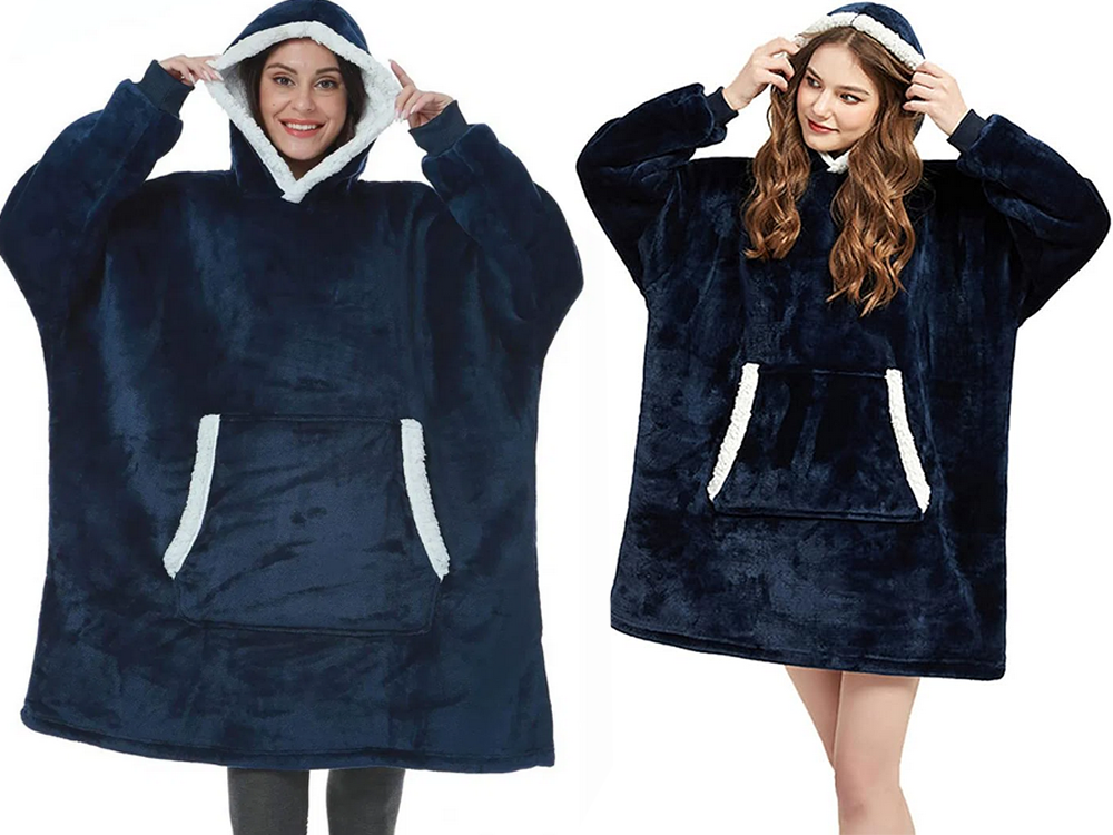 Šiltas megztinis oversize antklodė xxl 2in1 storas kailis minkštas gobtuvas su gobtuvu chalatas, Navy, Szín, Haditengerészet