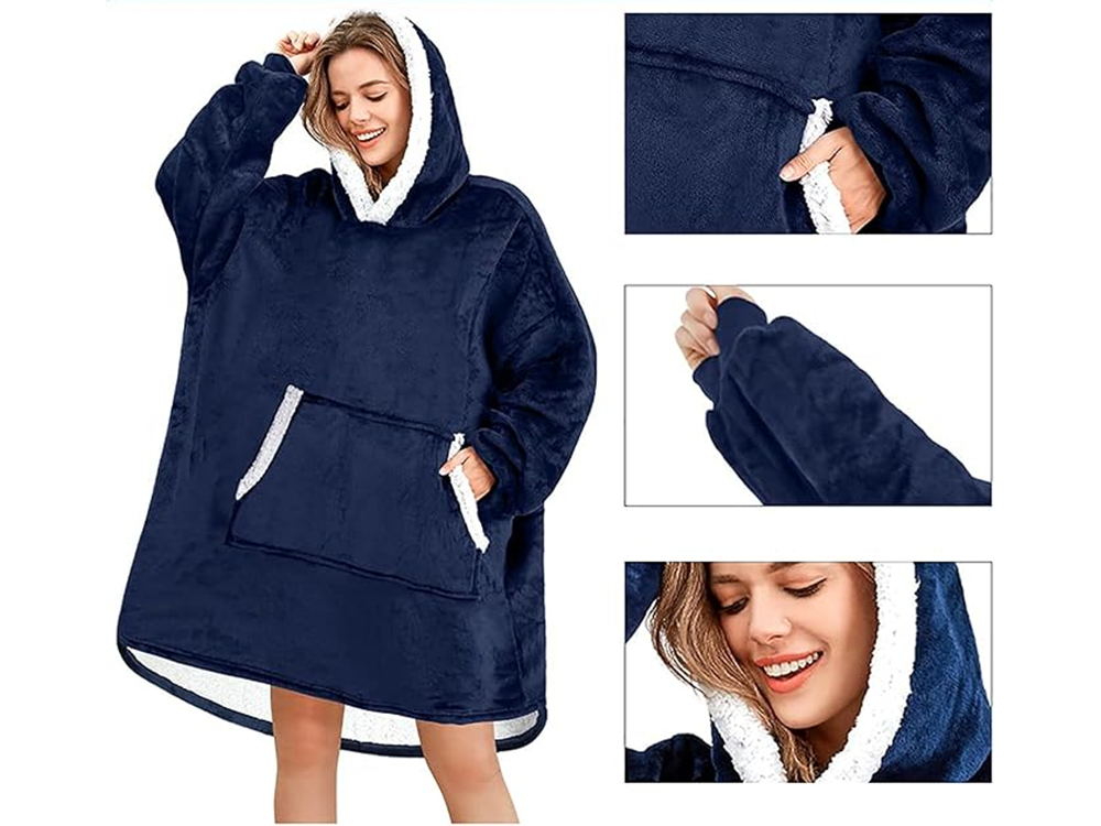 Šiltas megztinis oversize antklodė xxl 2in1 storas kailis minkštas gobtuvas su gobtuvu chalatas, Navy, Szín, Haditengerészet