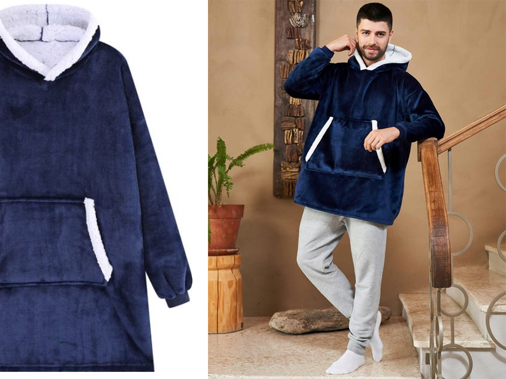 Šiltas megztinis oversize antklodė xxl 2in1 storas kailis minkštas gobtuvas su gobtuvu chalatas, Navy, Szín, Haditengerészet