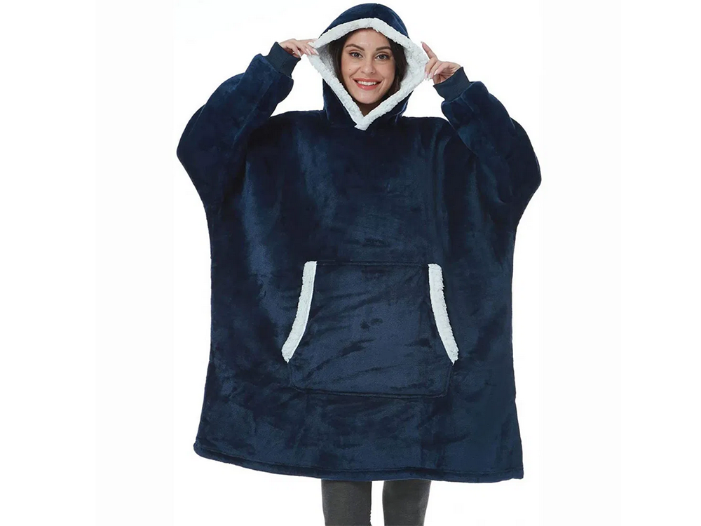 Šiltas megztinis oversize antklodė xxl 2in1 storas kailis minkštas gobtuvas su gobtuvu chalatas, Navy, Szín, Haditengerészet